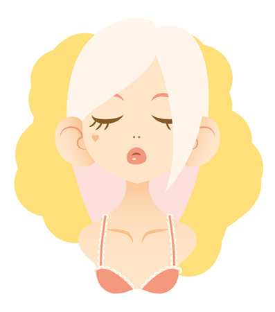Vector glamour blond girl portrait, red bra, yellow background, character for game or cartoon, closed eyes, kissing, flat design, EPS 8のイラスト素材