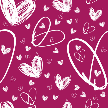 Vector seamless hand drawn white heart texture on pink background, textile or packing paper, background for landing page or site, greetings card, doodle, sketch, EPS 8のイラスト素材