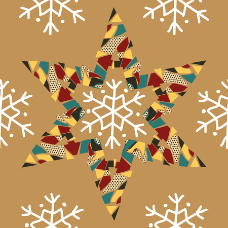 Christmas pattern with snowflakes and colorful paper stars, packing paper for presentsのイラスト素材