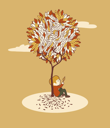 vector illustration of a boy sitting under the tree, greeting cardのイラスト素材