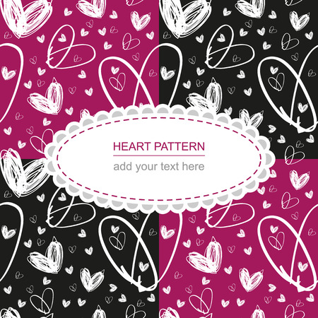 Vector seamless hand drawn white heart texture on pink and black background with label, textile or packing paper, background for landing page or site, greetings card, doodle, sketch, EPS 8のイラスト素材