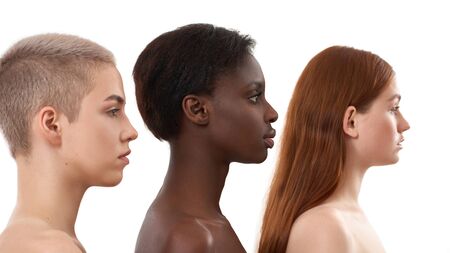 Profile portrait of three beautiful multicultural young women. Two caucasian and african half naked...