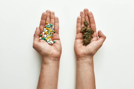 Top view of colorful pills in one hand and medical marijuana buds in another over white background....