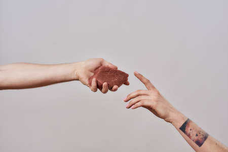 Close up of hands, arms reaching for each other, a piece of meat in one hand isolated over grey background. Nutrition, healthy eating concept. Horizontal shotの写真素材