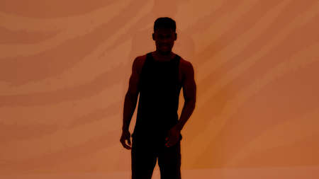 Silhouette of young muscular african american man looking at camera, posing isolated over orange creative art background with zebra pattern. Sports, workout, bodybuilding conceptの写真素材