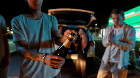 A close up of a young tattooed guy opening a bottle of champagne in a group of friends with a car and a big led screen on a backgroundの写真素材