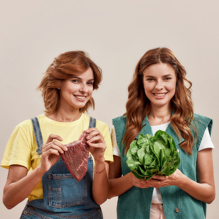 Two attractive young girls, twin sisters in casual wear holding fresh green salad and piece of meat isolated over light backgroundの写真素材
