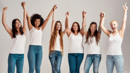 Group of five beautiful diverse young women wearing white shirt and denim jeans raising their arms, looking cheerful at camera while posing together isolated over grey backgroundの写真素材