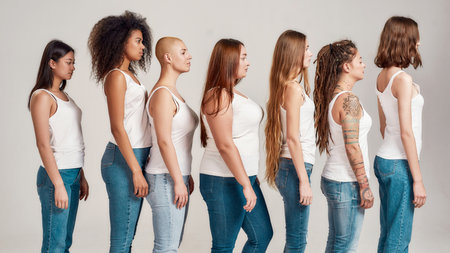 Group of beautiful diverse young women wearing white shirt and denim jeans looking aside while posing, standing isolated over grey backgroundの写真素材