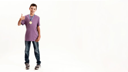 Full length shot of teenaged disabled boy with cerebral palsy wearing gold medal, smiling and...
