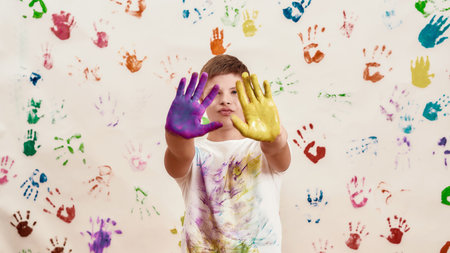 Cheerful disabled boy with Down syndrome smiling at camera while standing with hands painted in colorful paints ready for hand prints on the wallの写真素材