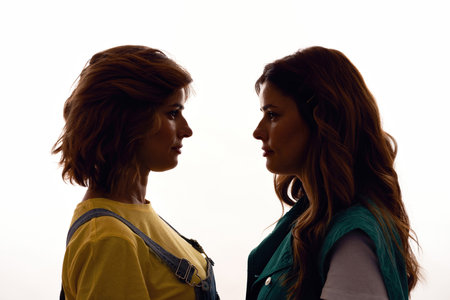 Silhouetted portrait of two young girls, twin sisters in casual wear looking at each other, posing together, standing face to face isolated over white backgroundの写真素材