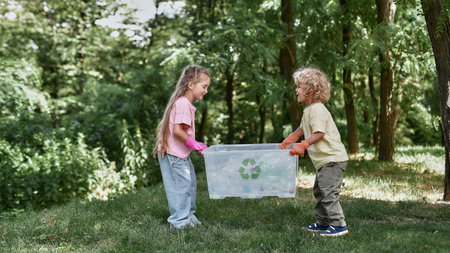 Recycling and Kids. Two cute little boy and girl holding recycle bin with plastic waste while standing in the forest or parkの写真素材