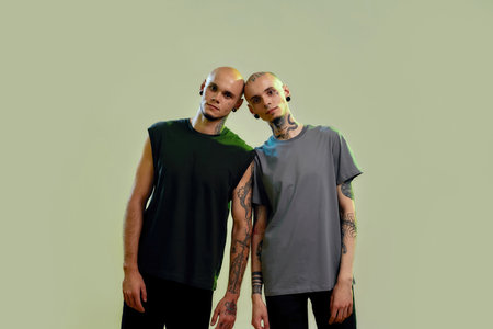 Portrait of two young men, twin brothers with tattoos and piercings smiling at camera, posing together, standing back to back isolated over light green backgroundの写真素材