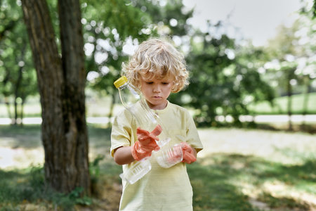 Recycling. Little caucasian boy holding used plastic bottle while collecting garbage and plastic waste in the forest or parkの写真素材