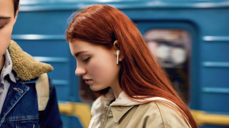 Close up portrait of teenage girl in wireless earbuds looking down, listening to music while...