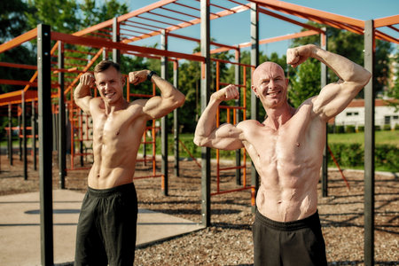 Two athletic guys with muscular bodies smiling at camera, showin