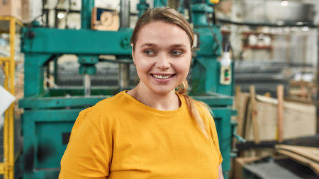 Portrait of young woman standing beside compressing machineの写真素材