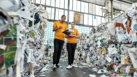 Man with woman going between piles of waste paperの写真素材