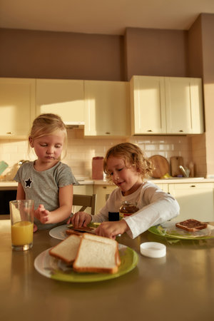 Cute brother spreading chocolate nut butter on toasted bread while preparing breakfast for his little sister and himself in the kitchenの写真素材