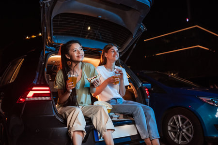 Two happy female best friends smiling while spending time together, having snacks and watching a movie in an outdoor cinema in the eveningの写真素材