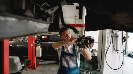 Young worker checking car brakes on car service stationの写真素材