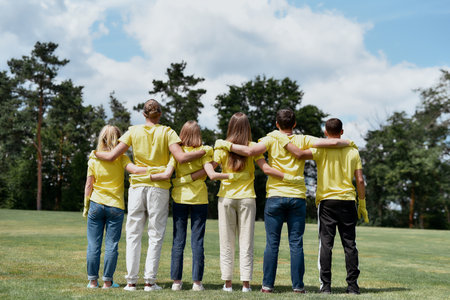Great teamwork. Group of young volunteers wearing uniform and rubber gloves hugging and looking at green forest in front of them, rear viewの写真素材
