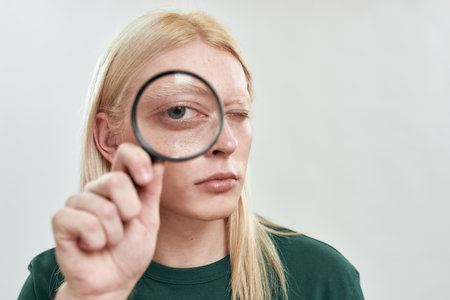 Portrait of young caucasian man with enlarged eyeの写真素材