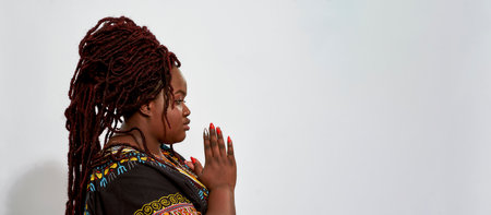 Plump young woman putting hands in prayer