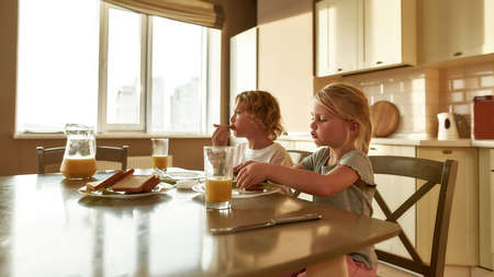 Two cute little kids eating toasted bread with chocolate butter for breakfast or lunch while sitting at the table in the kitchenの写真素材