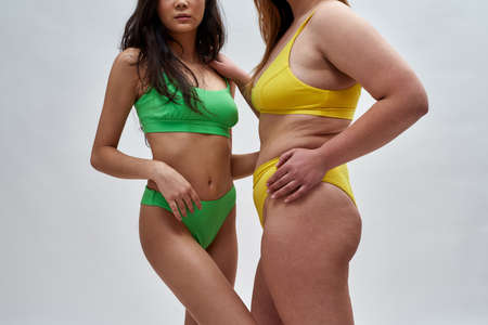 Cropped shot of two young women with different body shapes wearing colorful underwear posing together isolated over light backgroundの写真素材