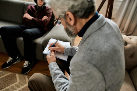 Psychotherapist taking notes during appointment with teenage boyの写真素材