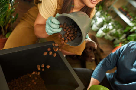 Smiling young caucasian girl filling large pot with drainageの写真素材