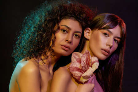 Two feminine naked young brunette women with professional art makeup posing with pink flower in neon light isolated over black backgroundの写真素材