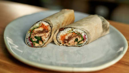 Healthy food with rice and fish on a plateの写真素材