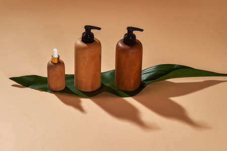 Set of wooden bottles or containers of different sizes on green leaf isolated on beige background. Zero waste and eco conscious lifeの写真素材