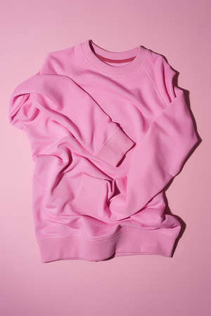 Top view of pale pink pastel sport blank sweatshirt lying vertically isolated on light pink...