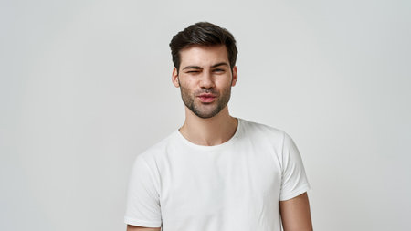 Young bearded man wearing t-shirt winkingの写真素材