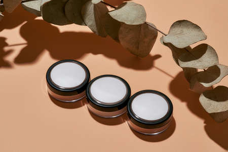Row of cosmetological containers next to dry leaves