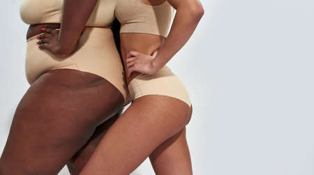 Cropped shot of bodies of two african american women in underwear with different weight holding hand...