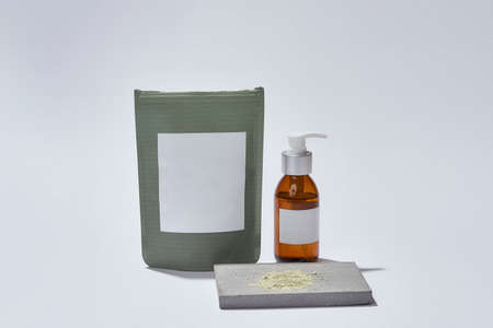 Face care clay and glass dispenser with blank labelsの写真素材