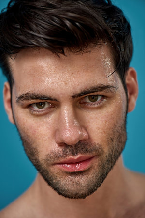 Close up portrait of good looking brunette man with wet washed face looking at camera, posing isolated over blue backgroundの写真素材