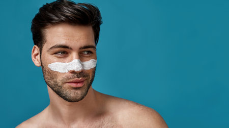 Portrait of playful brunette man with white mask applied on nose for cleansing pores posing isolated over blue backgroundの写真素材