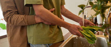 Homosexual male partners hugging while washing saladの写真素材