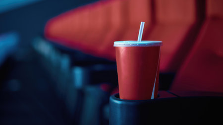 Selective focus on empty disposal cup of soda with red cinema seats in the backgroundの写真素材