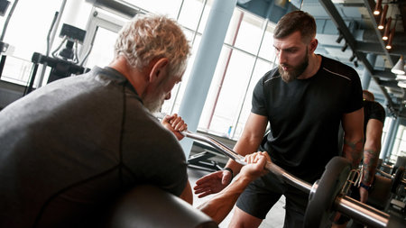 Senior powerlifter training with professional assistance in gymの写真素材