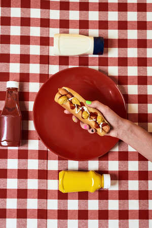 Close up of female hand holding freshly made hot dog with mustard and ketchup over red gingham table clothの写真素材