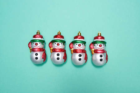 Top view of christmas baubles in form of snowmanの写真素材