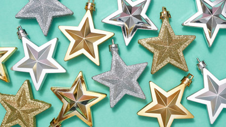 Close up of christmas baubles in form of starの写真素材