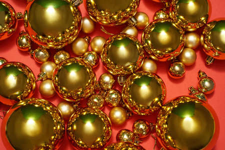 Close up of set of golden christmas ballsの写真素材